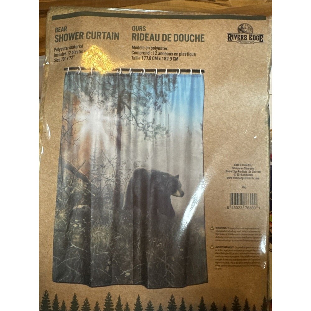 Rivers Edge Antique Black Bear Fabric Shower Curtain Plastic Hooks Fishing Cabin